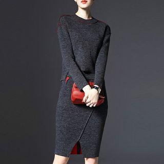 Set: Long-sleeve Knit Top + Midi Skirt