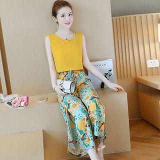 Set: Sleeveless Top + Floral Print Wide Leg Pants