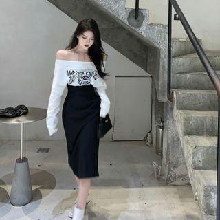 Off Shoulder Mock Two Piece Printed Letter Dress