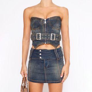 Belted Denim Tube Top / Low Waist Bootcut Jeans / Denim Pencil Skirt