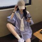 Long-sleeve Striped Shirt + Knit Shawl