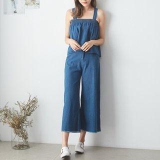 Set: Wide-strap Denim Top + Wide-leg Jeans