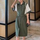 Contrast Color Short-sleeve Belted Midi Shirtdress