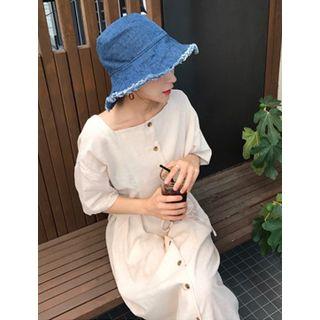 Elbow-sleeve Linen Blend Maxi Shirtdress With Sash