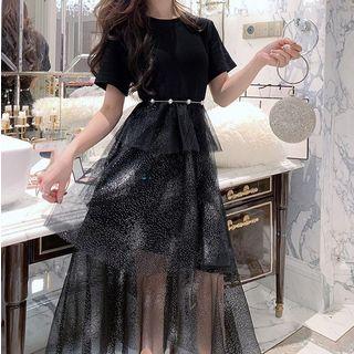 Short-sleeve Glitter Mesh A-line Midi Tiered Dress