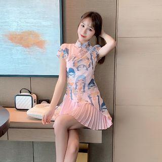 Face Print Mandarin Collar Short-sleeve Mini A-line Dress