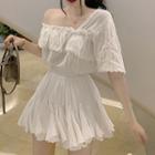 Elbow-sleeve Asymmetric Flower Trim Striped Top / A-line Mini Skirt