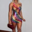 Spaghetti Strap Sequin Mini Dress Purple & Green & Blue & Orange & Yellow - One Size