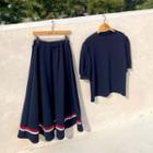 Puff-sleeve Top & Maxi Flare Skirt Set Navy Blue - One Size