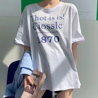 Plain Shirt / Lettering Elbow-sleeve T-shirt