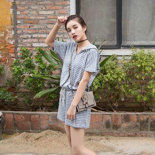 Drawstring Hooded Striped Playsuit