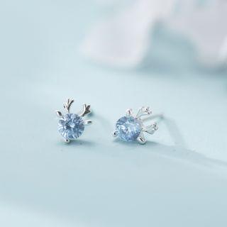 Deer Stud Earring 1 Pair - E109 - Blue Rhinestone - Silver - One Size