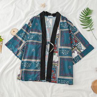 3/4-sleeve Print Lace-up Cardigan As Shown In Figure - One Size
