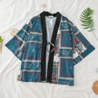 3/4-sleeve Print Lace-up Cardigan As Shown In Figure - One Size