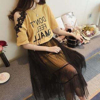 Set: Lettering Lace Trim Cold Shoulder T-shirt Dress + Mesh Midi A-line Skirt