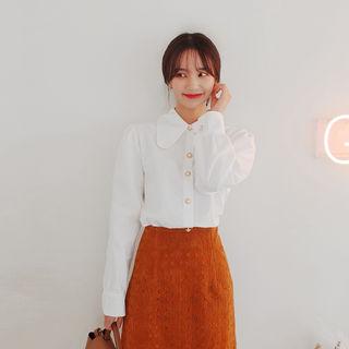 Round-collar Faux-pearl Button Blouse