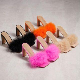 Fluffy High-heel Slide Sandals