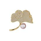 925 Sterling Silver Plated Gold Elegant And Bright Ginkgo Leaf Pink Freshwater Pearl Brooch With Cubic Zirconia Golden - One Size