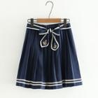 Embroidered Mini Pleated Skirt Navy Blue - One Size