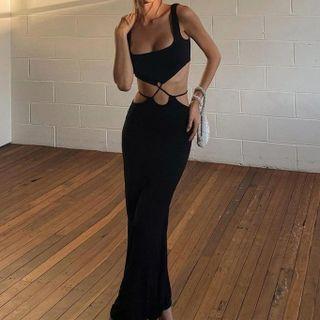 Wide Strap Cutout Maxi Bodycon Dress