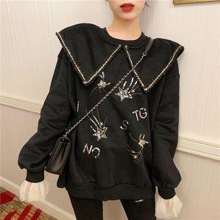 Collared Sequined Mesh Trim Pullover Black - One Size