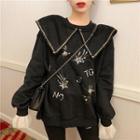 Collared Sequined Mesh Trim Pullover Black - One Size