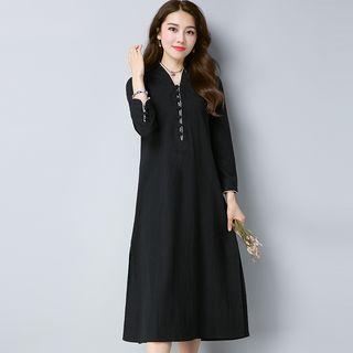 Slit-side Long-sleeve A-line Midi Dress