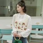 Long-sleeve Lace Top / Embroidered Knit Vest / Set