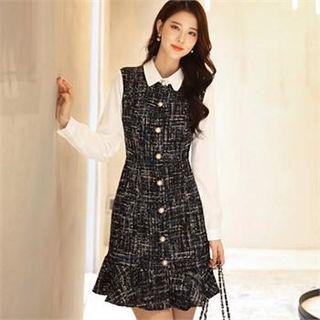 Color-block Button-front Tweed Dress