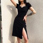 Short-sleeve Plain A-line Dress / Spaghetti Strap Dress