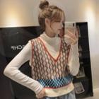 V-neck Patterned Sweater Vest / Turtleneck Top