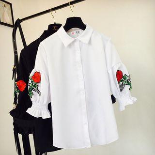 Rose Embroidered Lantern-sleeve Shirt