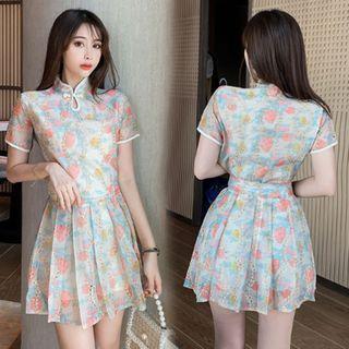 Set: Short-sleeve Floral Print Cheongsam Top + A-line Skirt