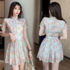 Set: Short-sleeve Floral Print Cheongsam Top + A-line Skirt