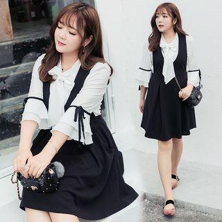 Set: Bell-sleeve Bow Blouse + Sleeveless Dress