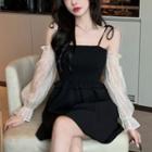 Tie-shoulder Frill Trim Smocked A-line Dress With Mesh Oversleeves Black - One Size
