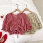 Color-block Plaid Square-neck Flare-sleeve Lace-up Blouse