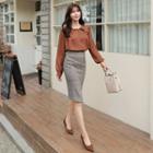 Button-trim Plaid Midi Pencil Skirt