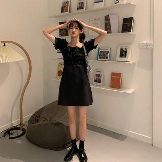 Square-neck Puff-sleeve Lace-up Bow Dress
