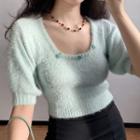 Cropped Chenille Square-neck Short-sleeve Knit Top