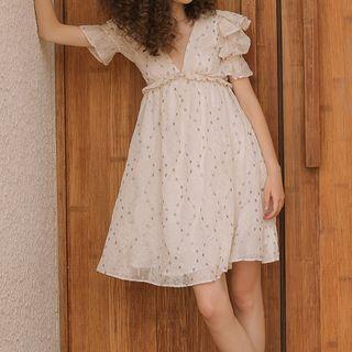 Puff-sleeve V-neck Open-back Embroidered A-line Dress