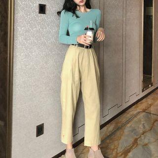 Long-sleeve Plain Cropped Top / High-waist Plain Dress Pants