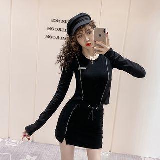Set: Contrast Trim Long-sleeve Sports Top + Mini Pencil Skirt