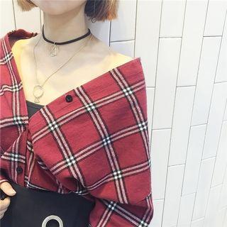 Plaid V-neck Long-sleeve Blouse Blue - One Size