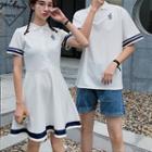 Couple Matching Embroidered Striped Short-sleeve A-line Dress / Short-sleeve Polo Shirt