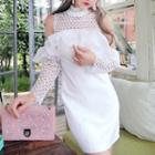 Cold-shoulder Crochet-sleeve Ruffled Mini Sheath Dress