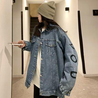 Oversized Long-sleeve Embroidered Lettering Denim Jacket Blue - One Size