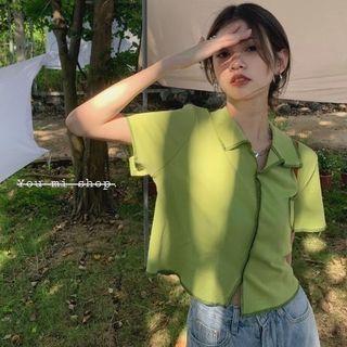 Short-sleeve Polo Neck Top Avocado Green - One Size