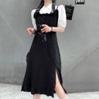 Short-sleeve Plain Blouse / Spaghetti Strap Frilled Trim Dress