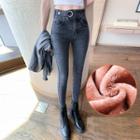 High Waist Round Buckled Fleece-lined Skinny Jeans